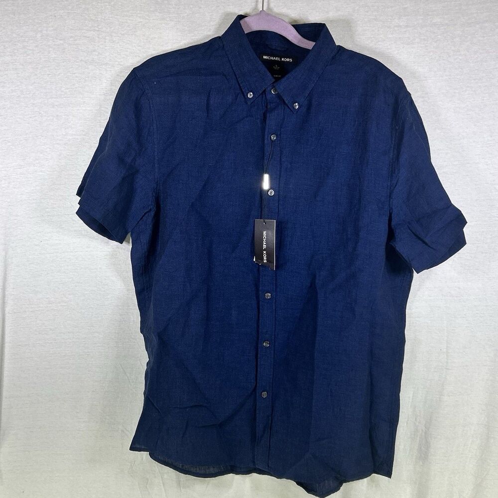 Michael Kors Short Sleeve Button Down Shirt Navy 100% Linen Men L Slim Fit NWT